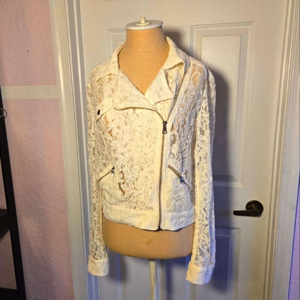 Bebe Biker Jacket Sheer Ivory Lace Size 12 Feminine Zipper Cropped Vintage Vibes